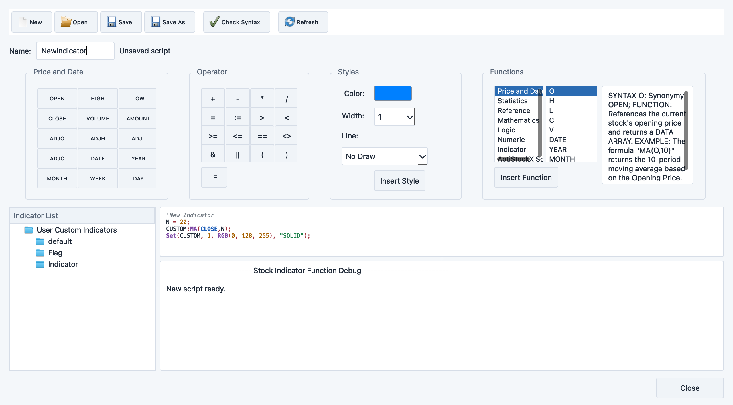 Customer Indicator Editor dialog with script text area, syntax check, and save controls