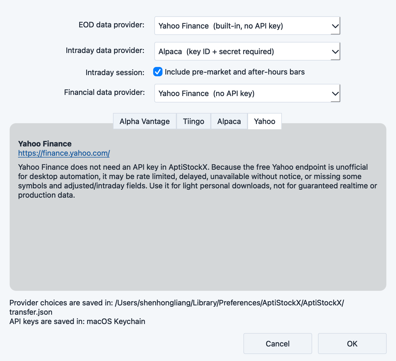 Data Provider Settings dialog showing EOD, intraday, and financial provider selectors plus provider API key pages
