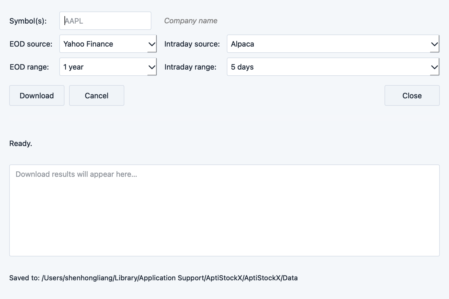 Download Stock Data dialog with symbol input, company name, EOD and intraday data sources, and range selectors