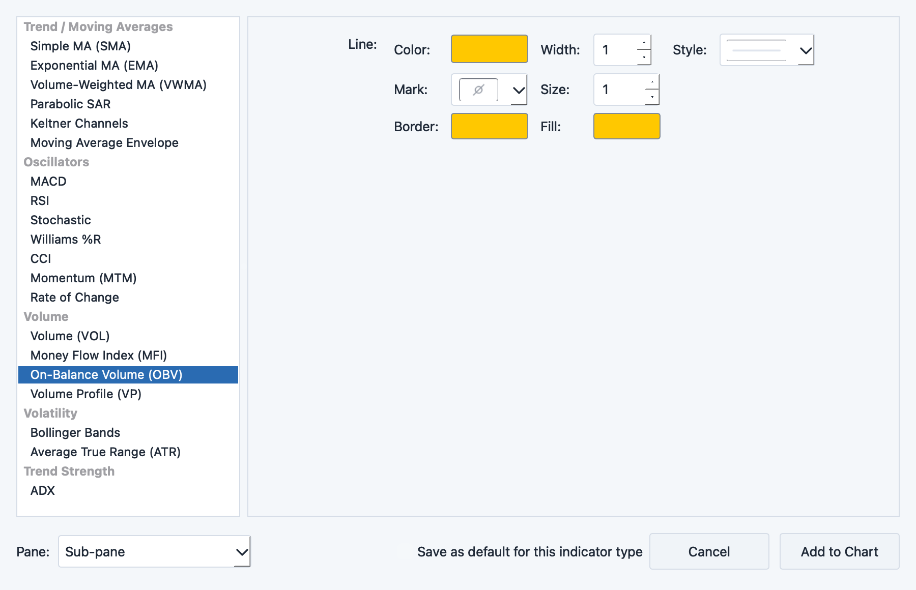 On Balance Volume parameter dialog with color settings