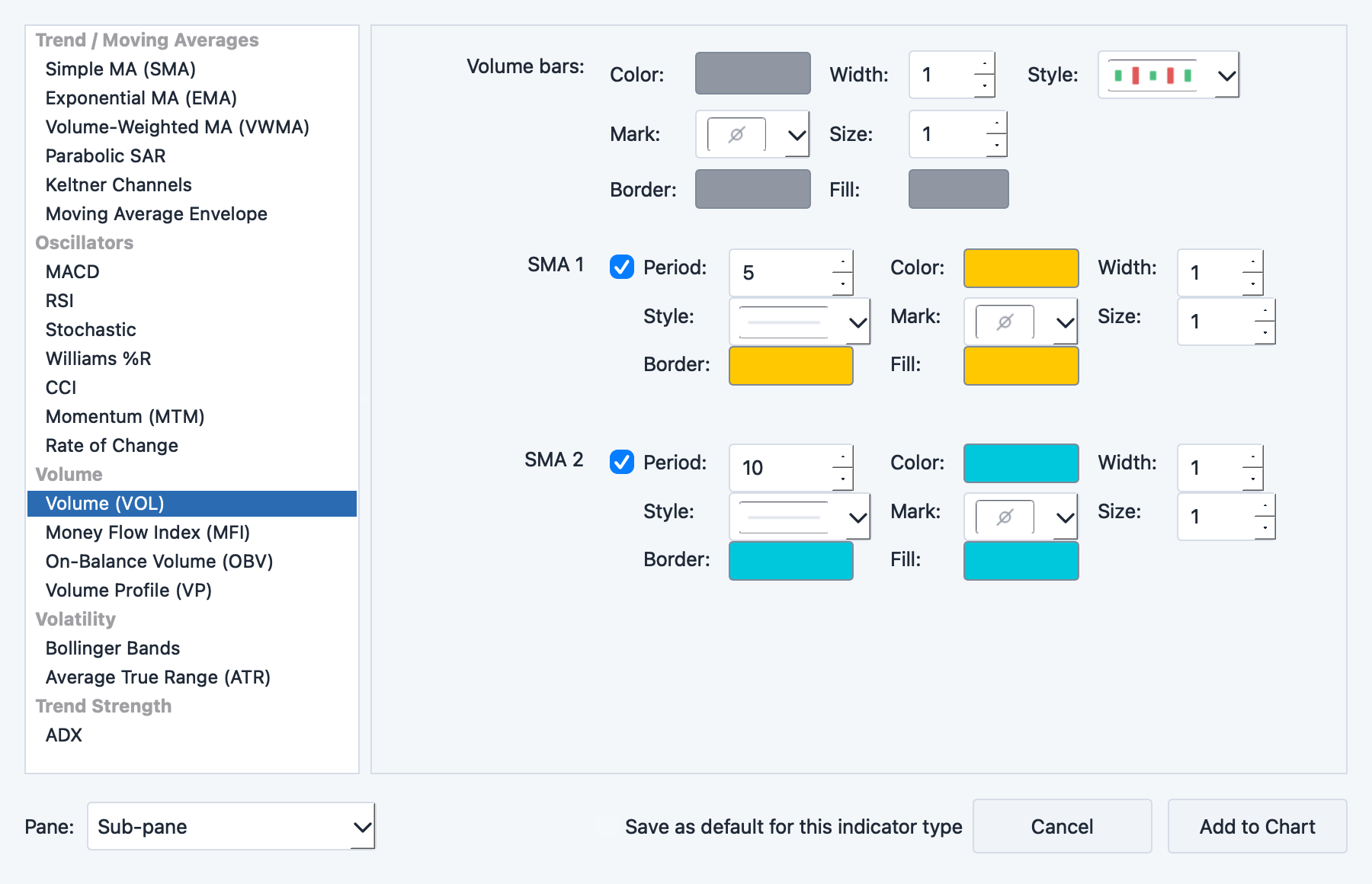 Volume indicator parameter dialog with color settings for up and down bars