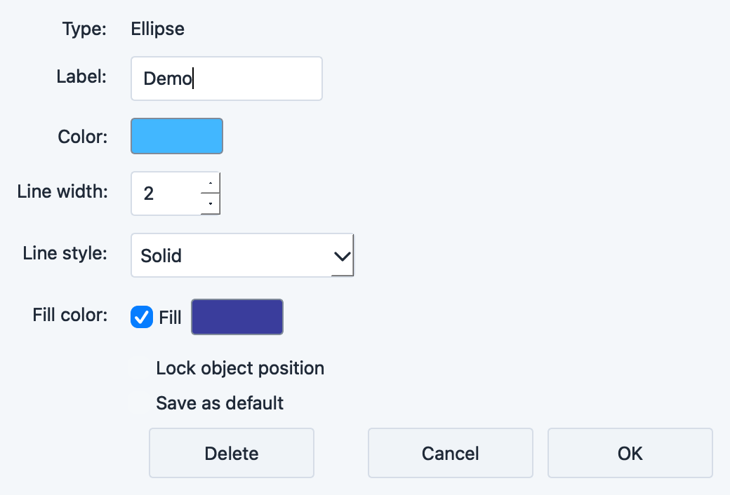Ellipse settings dialog with fill color, border color, and transparency options