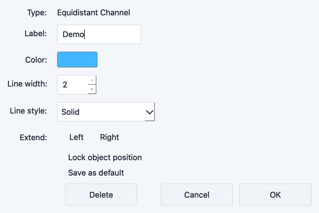 Equidistant Channel settings dialog with color and line style options
