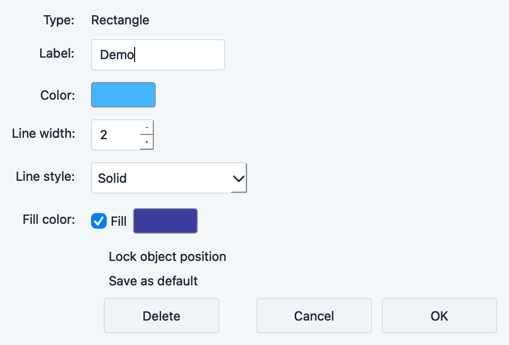 Rectangle settings dialog with fill color, border color, and transparency options