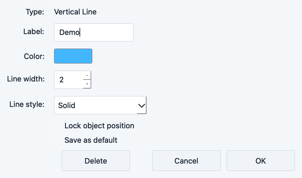 Vertical Line settings dialog with date, color, and line style