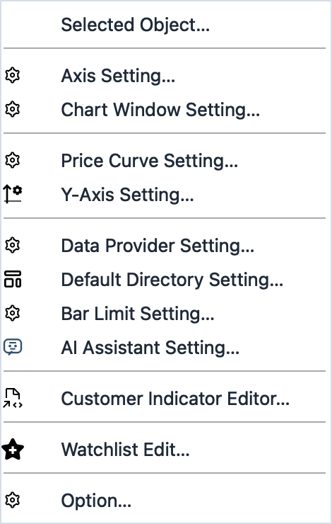 Setting menu showing all settings commands including Data Provider, Chart Window, Y-Axis, Watchlist Edit, Customer Indicator Editor, and Options