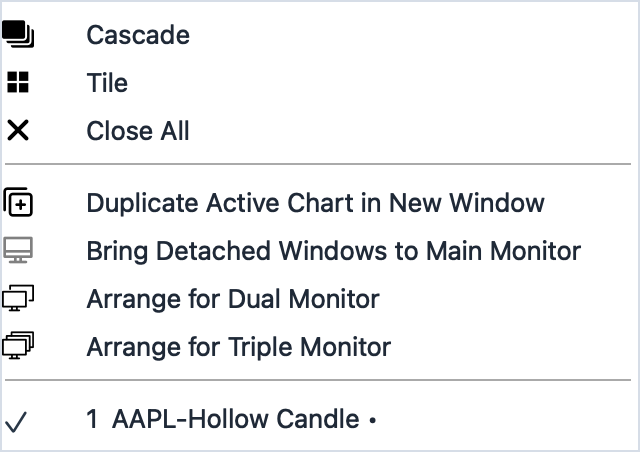 Window menu showing Cascade, Tile, Close All, detached-window commands, monitor arrangement commands, and open chart list