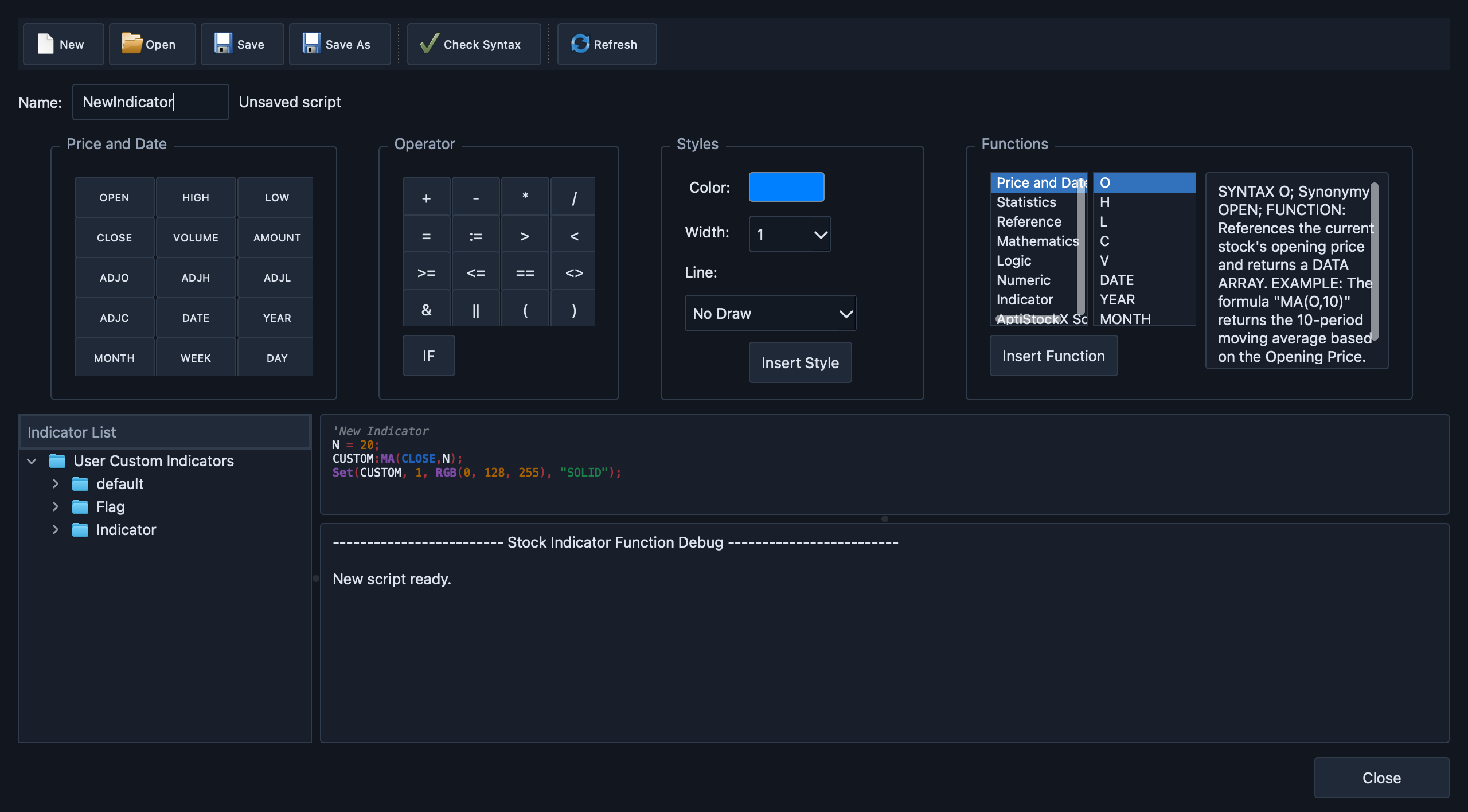 AptiStockX custom indicator editor dialog