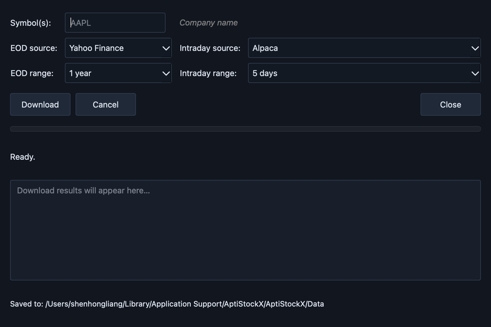 AptiStockX download data dialog